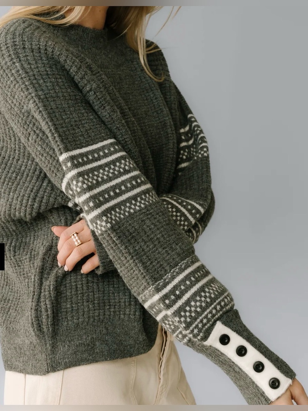 Bohme Jayda Oversized Sweater Gray Knit Pattern Button Cuff Pullover Size READ